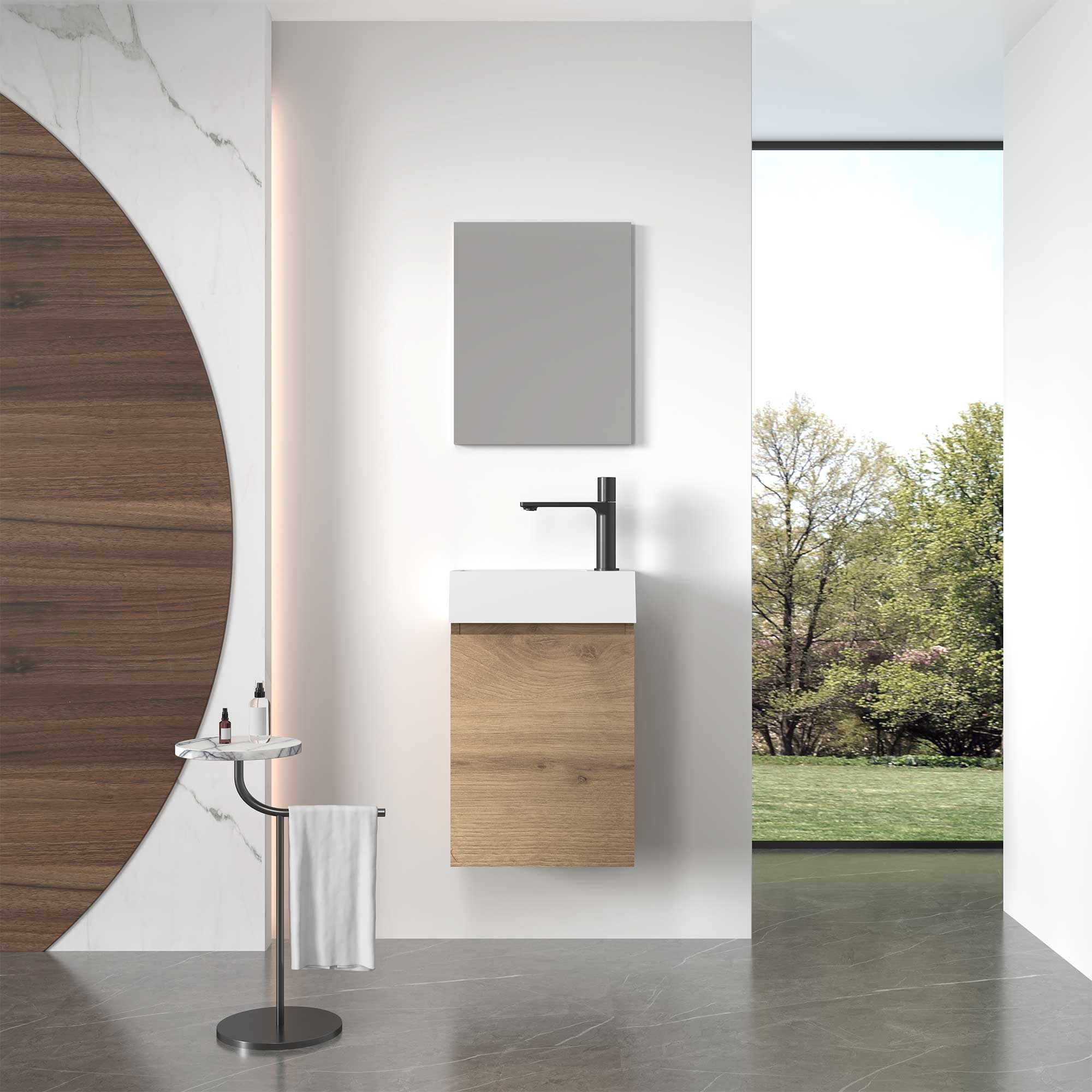 16" Wall Mount Single Bathroom Vanity in Oak with White Integrated Sink and Mirror