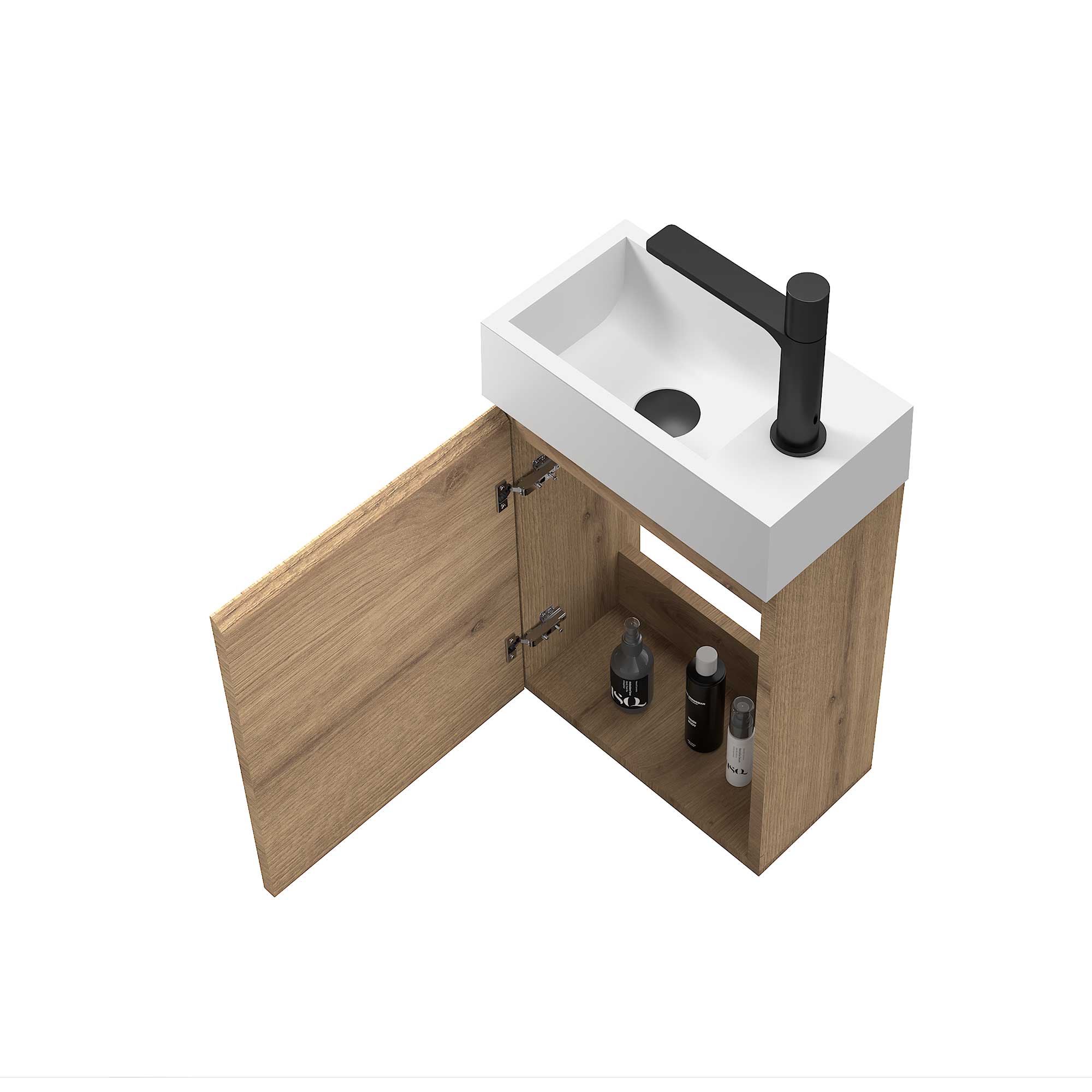 16" Wall Mount Single Bathroom Vanity in Oak with White Integrated Sink and Mirror - Image 3